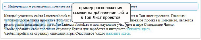 пример расположения ссылки размещения сайта в Топ Лист проектов  Lnterzarabotok.ru